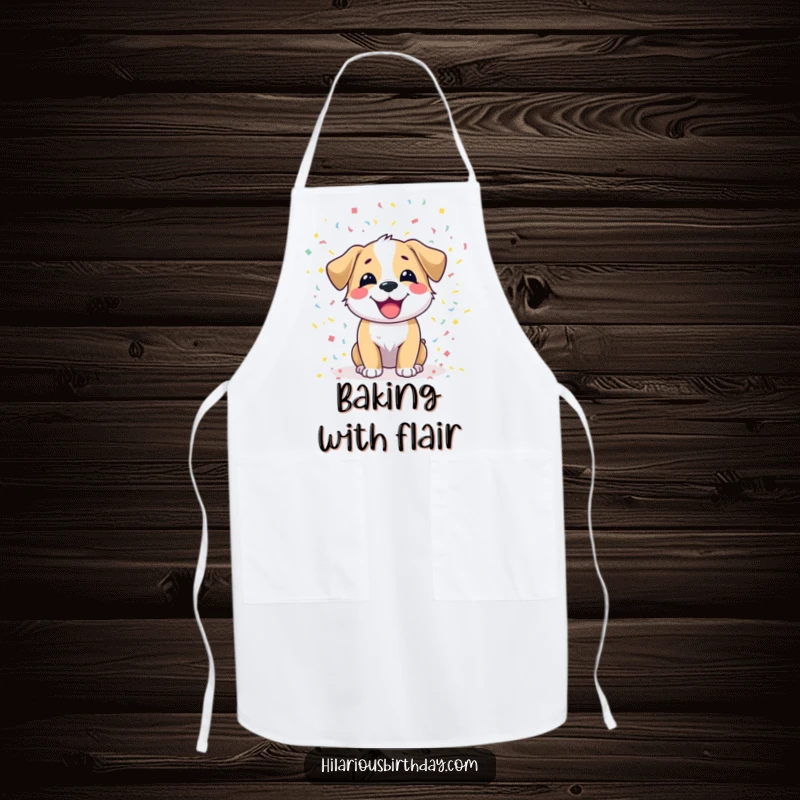 Funny dog apron featuring a joyful dog character scattering colorful confetti, perfect for a happy cooking experience.