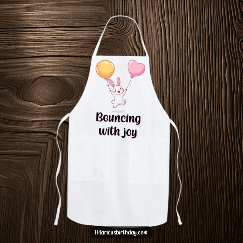 Funny apron with a smiling bunny character jumping up towards a balloon, adding a playful element to kitchen activities and baking.