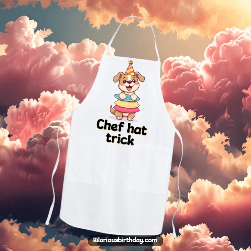 Funny apron featuring a dog character balancing party hats, ideal for kitchen use and adding a humorous touch to cooking.