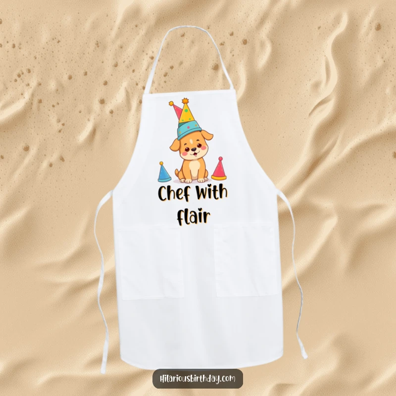 Funny determined dog balancing party hats, on a kitchen apron, ideal for cooking with a funny, focused spirit.