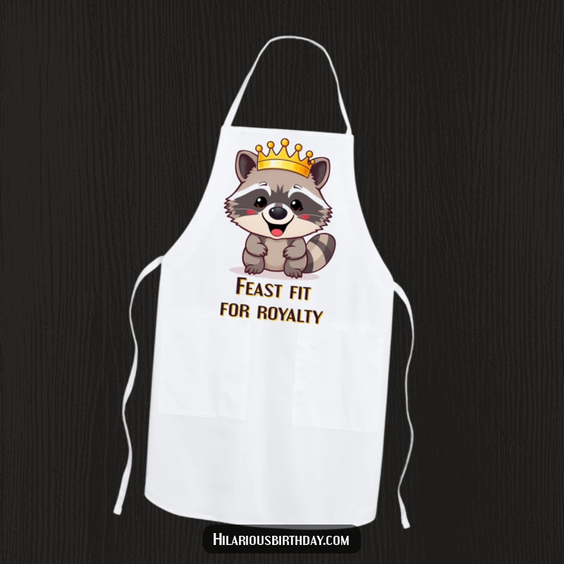 Funny happy raccoon character triumphantly wearing a shiny golden crown on this humorous kitchen apron, a brilliant funny gift for cooks.