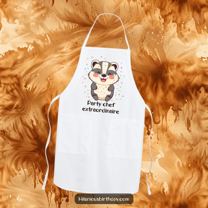 Funny badger apron showing a happy, smiling badger wearing a chef's hat, covered in colorful confetti.
