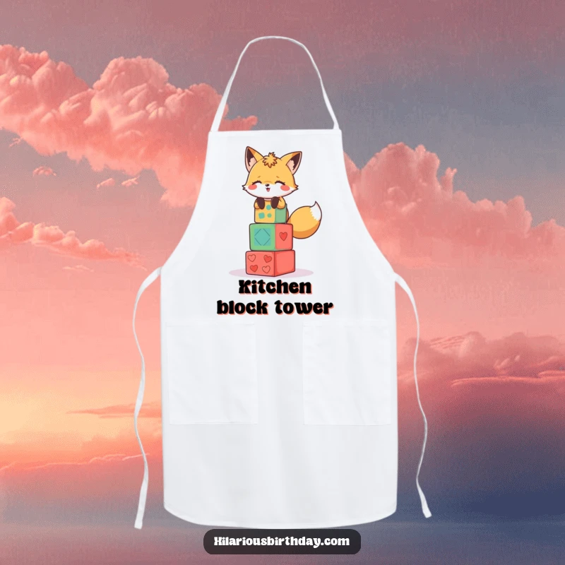 Funny apron showing a giggling fox character stacking colorful party blocks while cooking.
