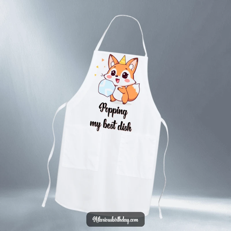 Funny fox popping a party popper with surprise, on a kitchen apron, ideal for cooking with a funny, exciting spirit.