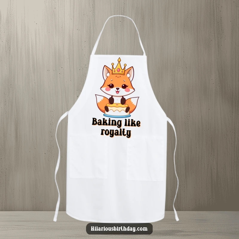 Funny Kawaii Fox Birthday Apron showcasing a crowned kawaii fox proudly holding a birthday cake aloft, perfect for a festive baker.