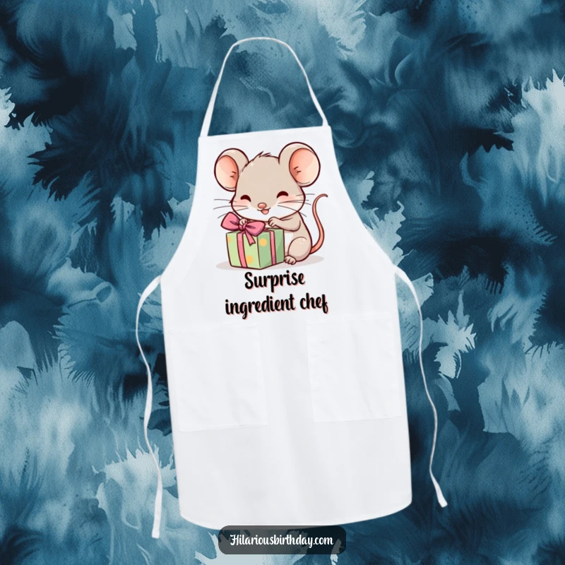 Funny kawaii mouse excitedly unwrapping a tiny, wrapped gift, a cute kitchen apron, great funny gift.