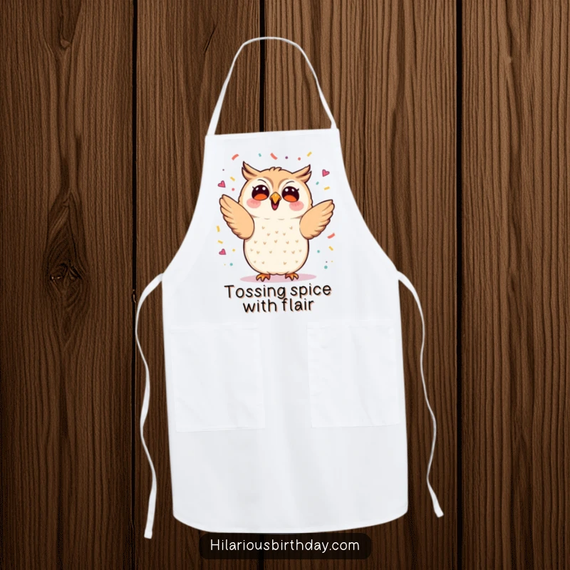 Funny kawaii owl enthusiastically tossing confetti, a fun kitchen apron, great funny gift for cooks.