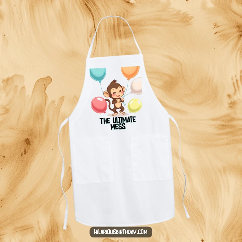 Funny monkey apron showing a mischievous monkey trying to tie balloons, ideal for a fun and protected cooking experience.