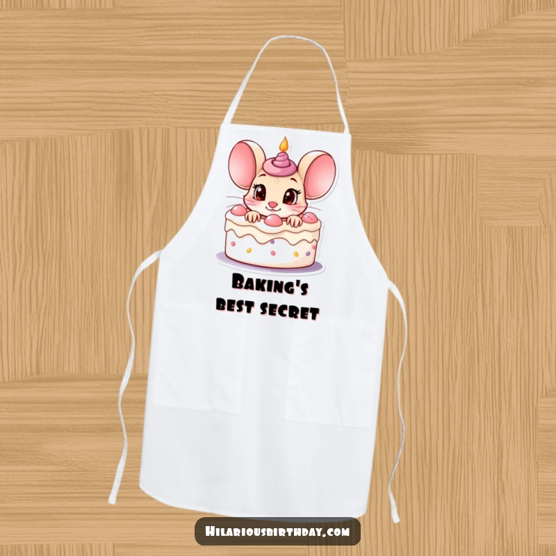 Funny curious mouse character peeking out of a birthday cake with wide eyes, on a functional kitchen apron.