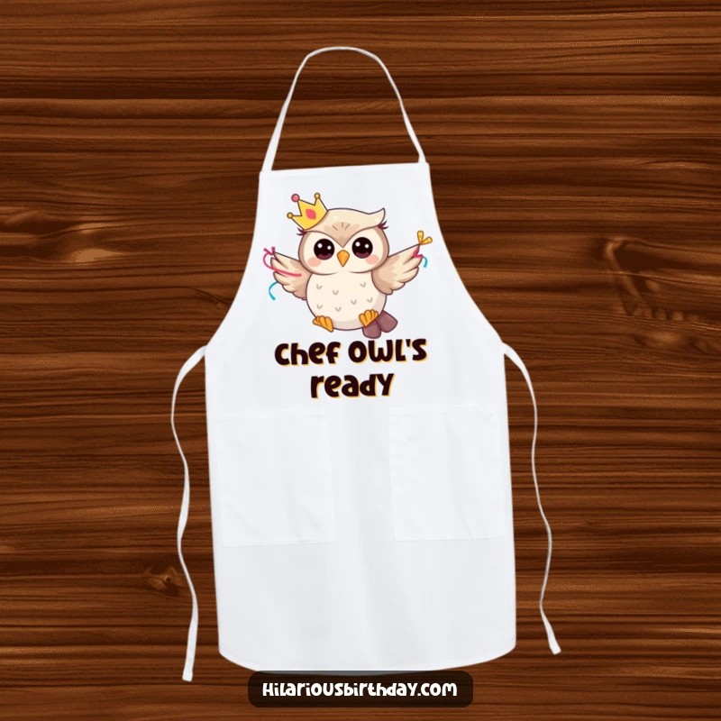 Funny whimsical owl character wearing a party crown and flying with a streamer, on a functional kitchen apron.