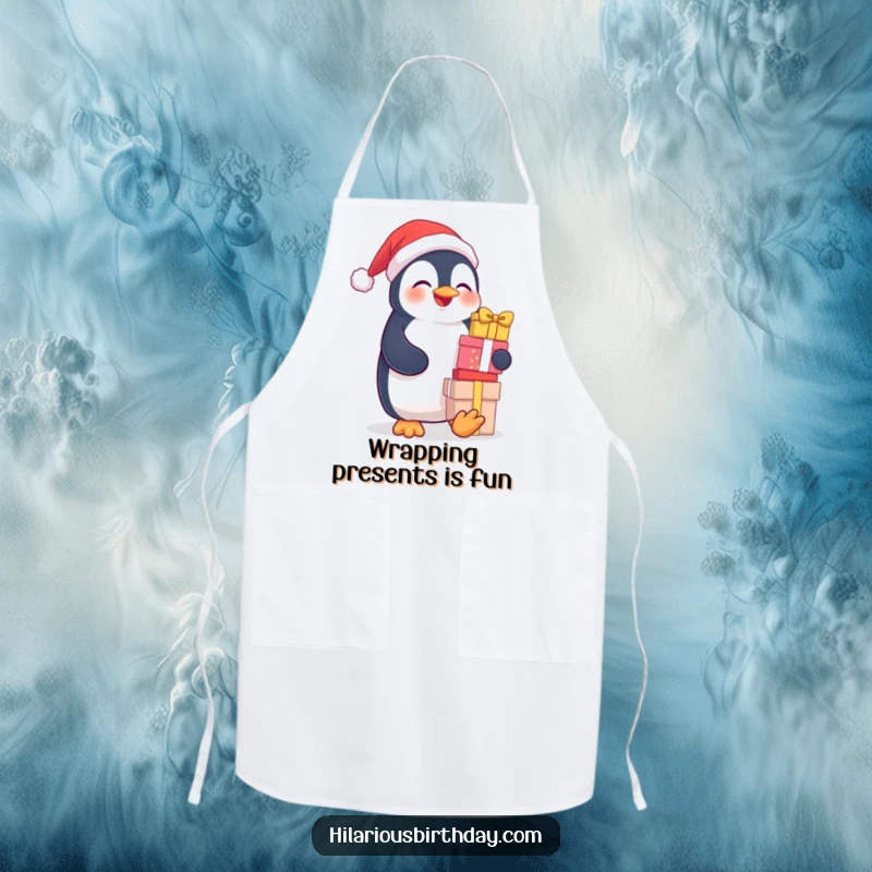 Funny apron design with a giggling penguin humorously attempting to juggle a stack of gift boxes while cooking.