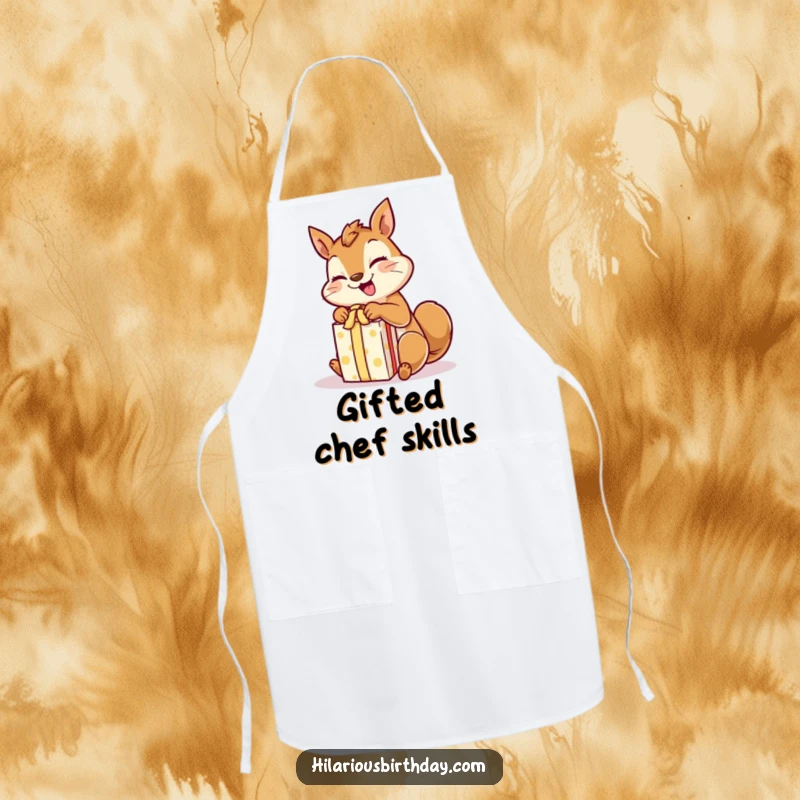 Funny giggling squirrel character rapidly unwrapping a gift with excited paws, on a functional kitchen apron.