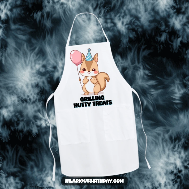 Funny kawaii squirrel wearing a party hat and holding a balloon, a fun kitchen apron, great funny gift.