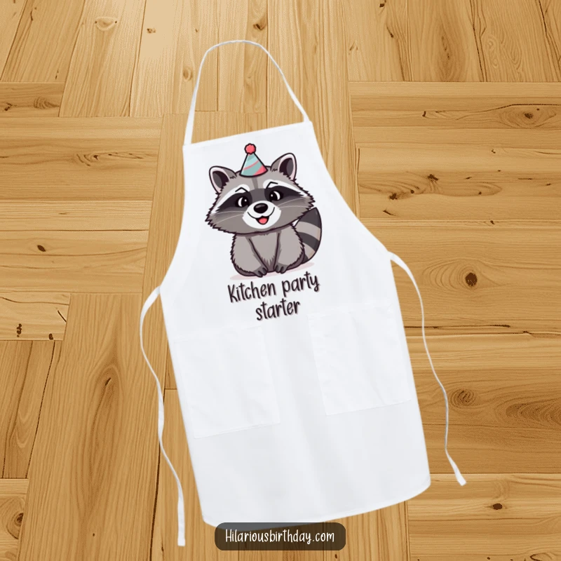 Funny raccoon apron showing a beaming raccoon wearing a large, silly party hat, ready to cook and celebrate.