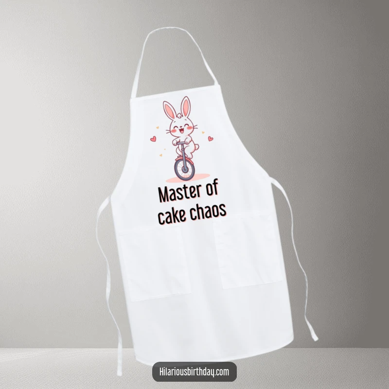 Funny Rabbit Apron: Cheerful rabbit gleefully riding a unicycle around a cake, perfect for kitchen humor.