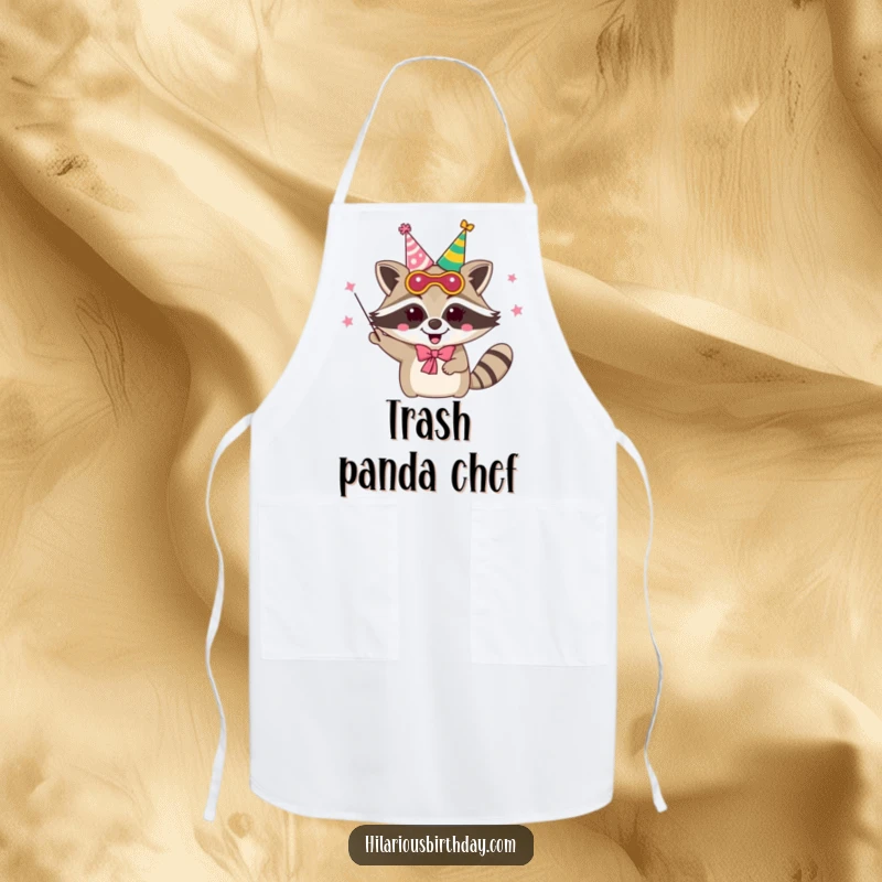 Funny delighted raccoon character wearing a party mask and juggling party hats, on a functional kitchen apron.
