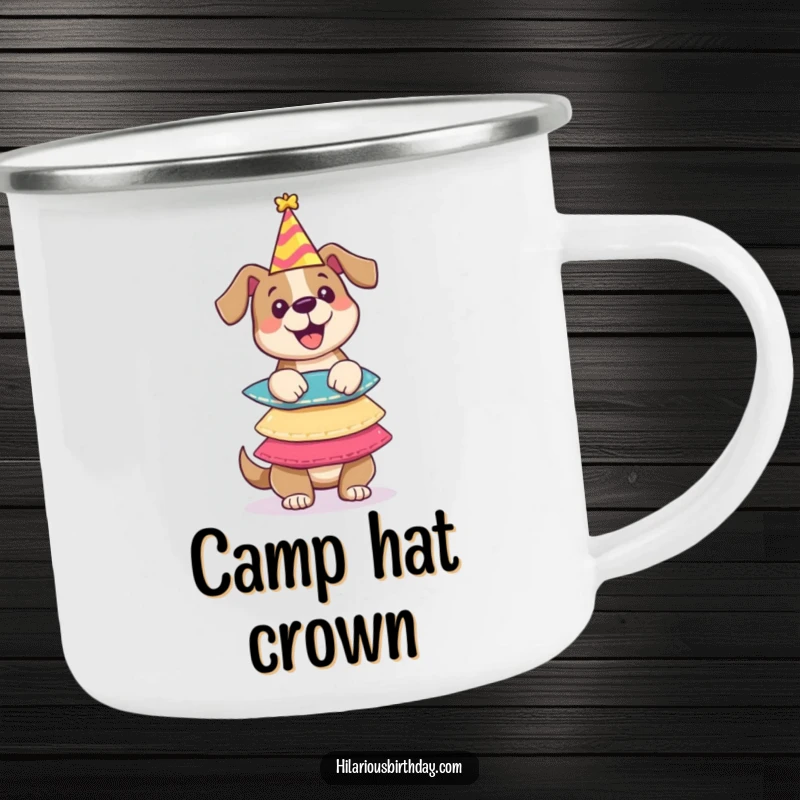 Funny camping mug featuring a dog balancing party hats, designed for adventure lovers and adding a humorous touch to drinks outdoors.