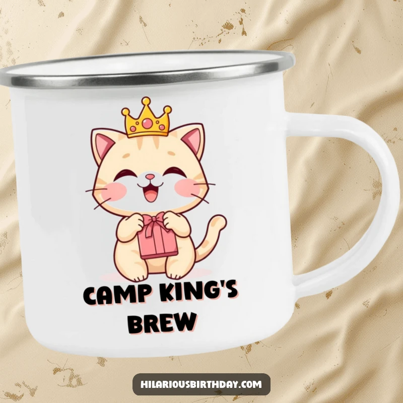 Funny camping mug featuring a delighted cat wearing a crown and holding a gift bag.