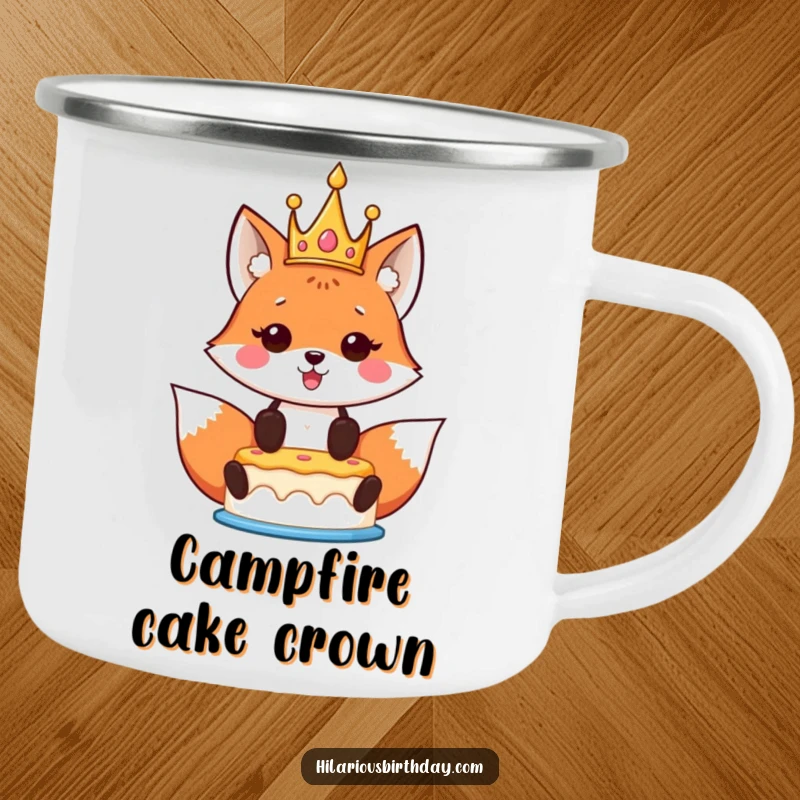 Funny Kawaii Fox Birthday Camping Mug showing a crowned kawaii fox proudly holding a birthday cake aloft, ideal for joyful outdoor birthday sips.