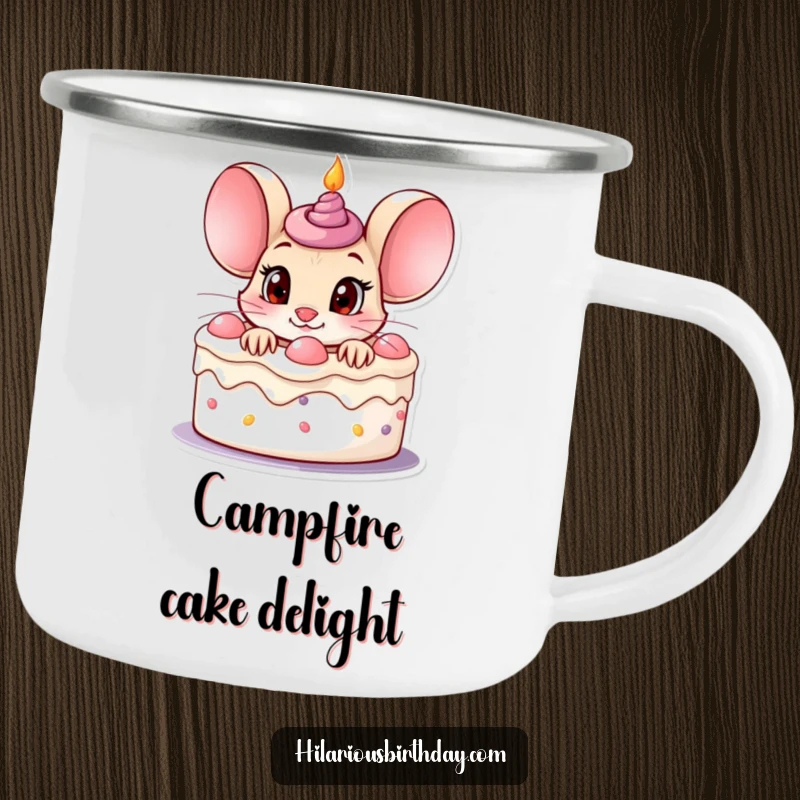 Funny curious mouse character peeking out of a birthday cake with wide eyes, on a rugged camping mug.