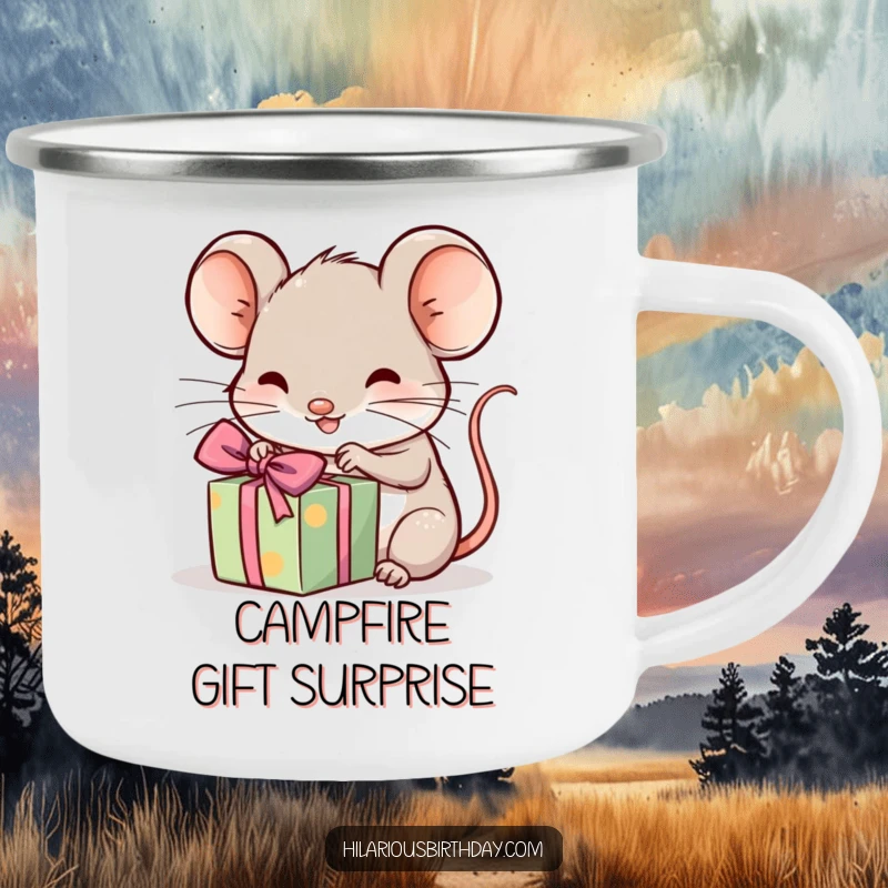 Funny kawaii mouse unwrapping a gift, a durable camping mug, perfect funny gift.