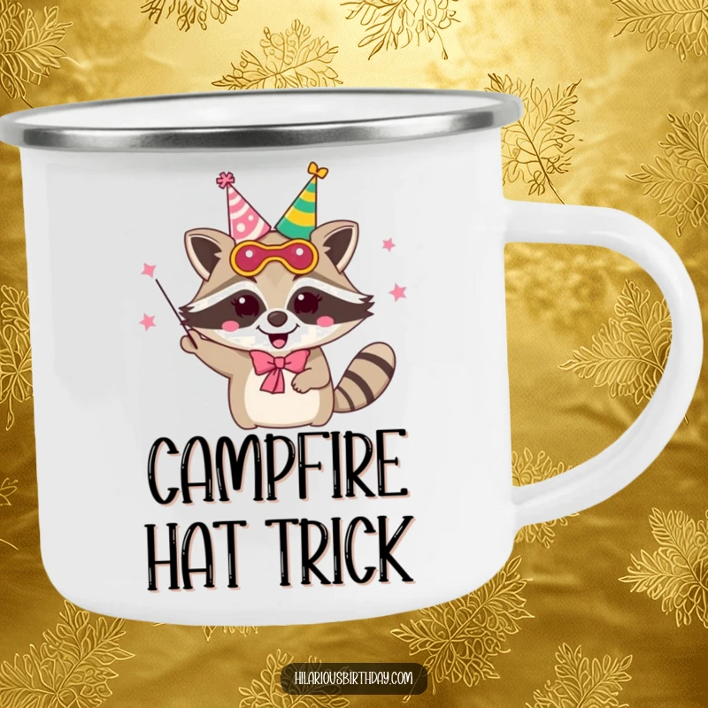Funny delighted raccoon character wearing a party mask and juggling party hats, on a rugged camping mug.