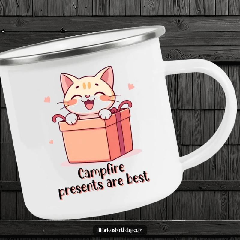 Funny cat camping mug featuring a delighted cat character eagerly opening a large gift box, perfect for adventurers.