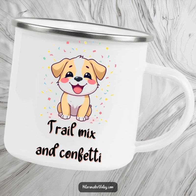 Funny dog camping mug featuring a joyful dog character scattering colorful confetti, ideal for outdoor enthusiasts.