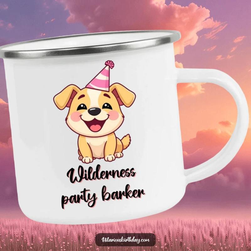 Funny Dog Camping Mug: Delighted dog wearing a silly party hat, barking happily, for outdoor fun.