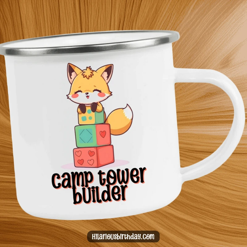Funny camping mug featuring a giggling fox character stacking colorful party blocks.