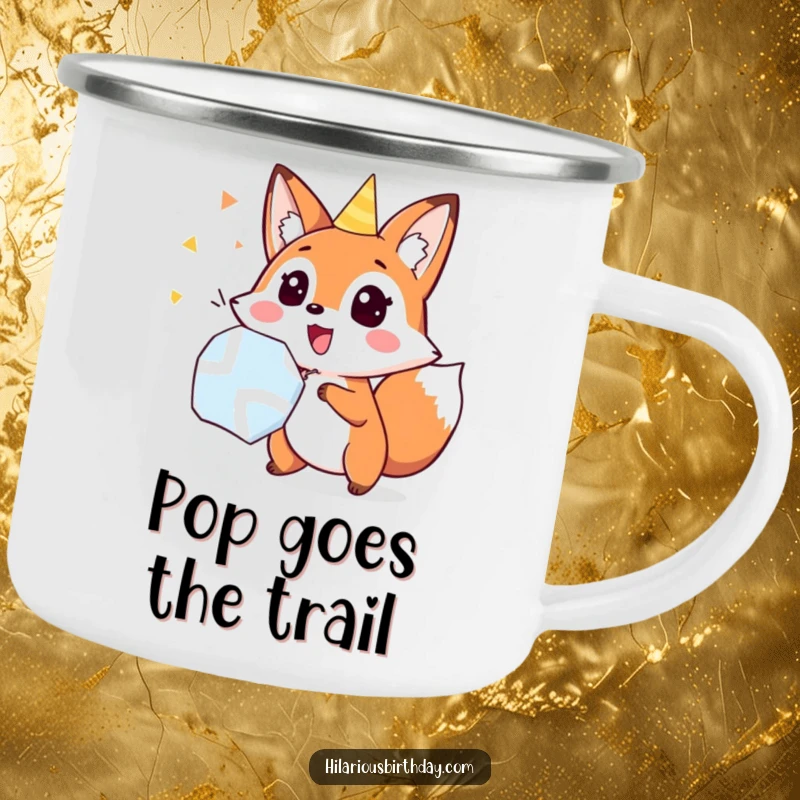Funny fox popping a party popper with surprise, on a durable camping mug, ideal for outdoor fun and a funny gift.