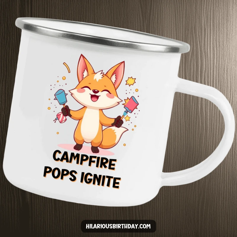 Funny gleeful fox character juggling exploding party poppers on this durable camping mug, perfect for lively outdoor fun, a funny gift.