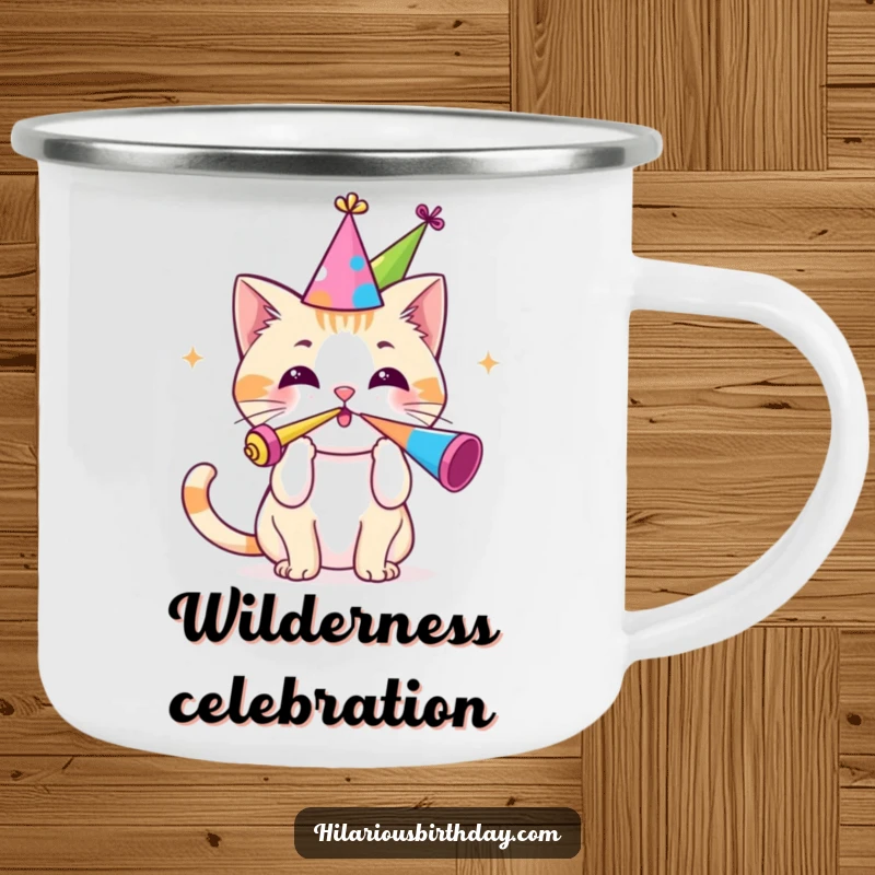 Funny camping mug with a cute Kawaii cat in a party hat blowing a party horn, ideal for outdoor festivities.
