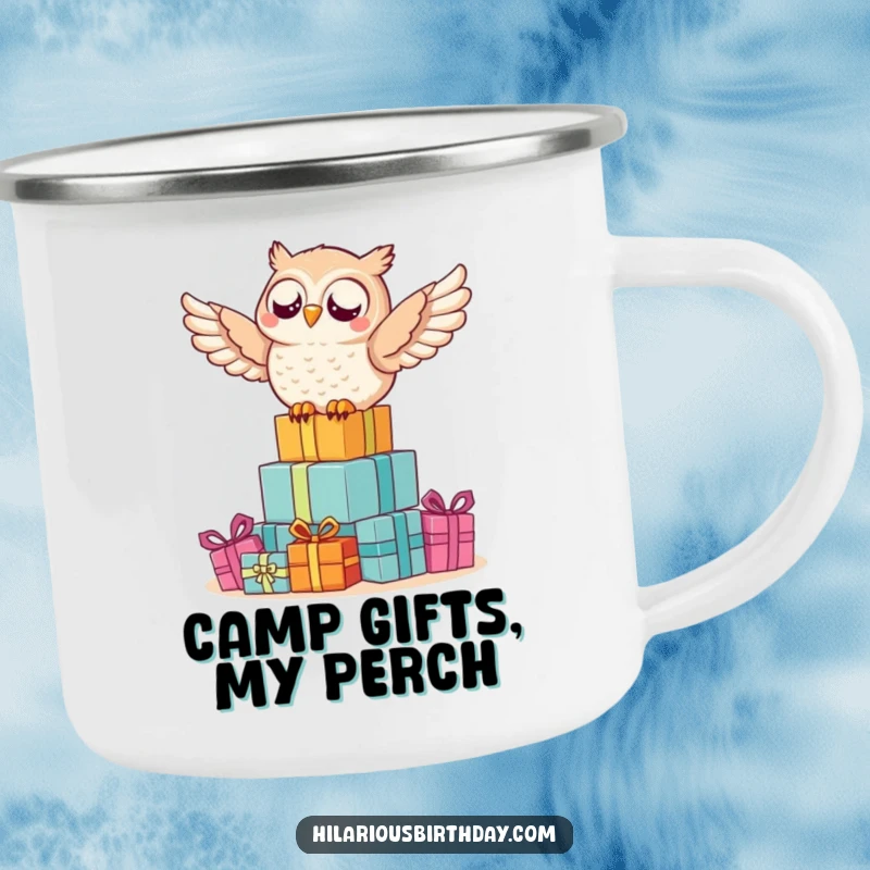 Funny owl camping mug featuring a delighted owl perched triumphantly on a large pile of wrapped gifts.