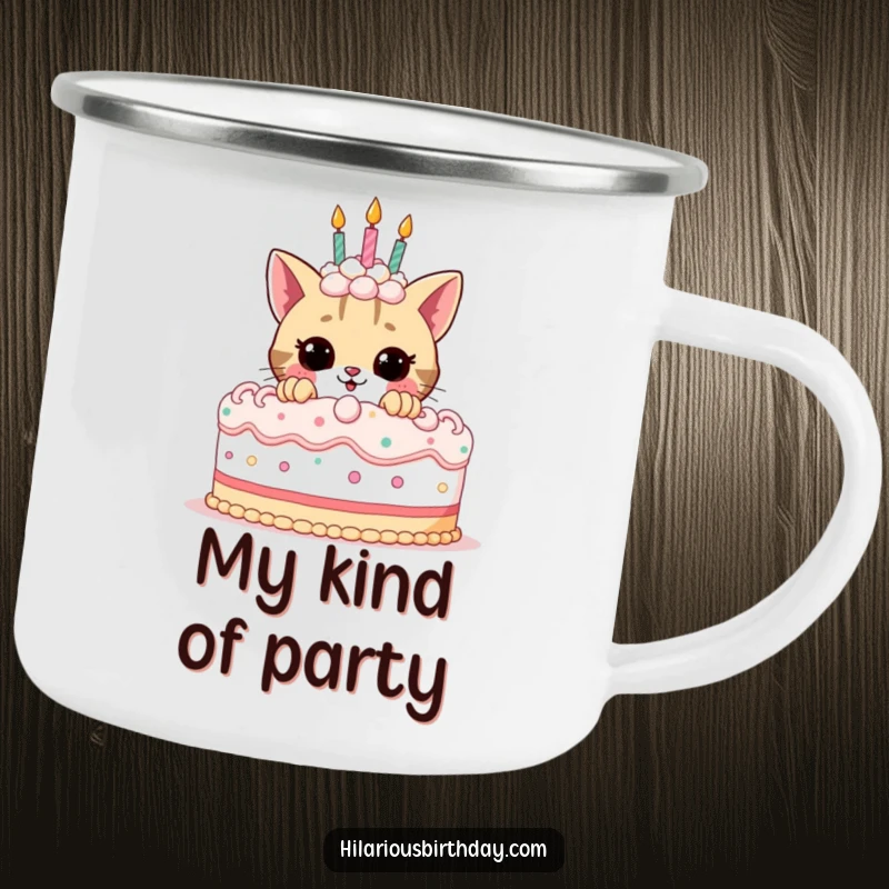 Funny birthday camping mug featuring a cute cat peeking from behind a big birthday cake, perfect for outdoor enthusiasts.