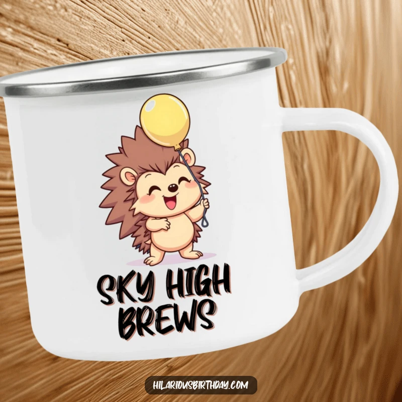Funny smiling hedgehog character excitedly grasping a floating balloon on this durable camping mug, perfect for cheerful outdoor moments, a funny gift.