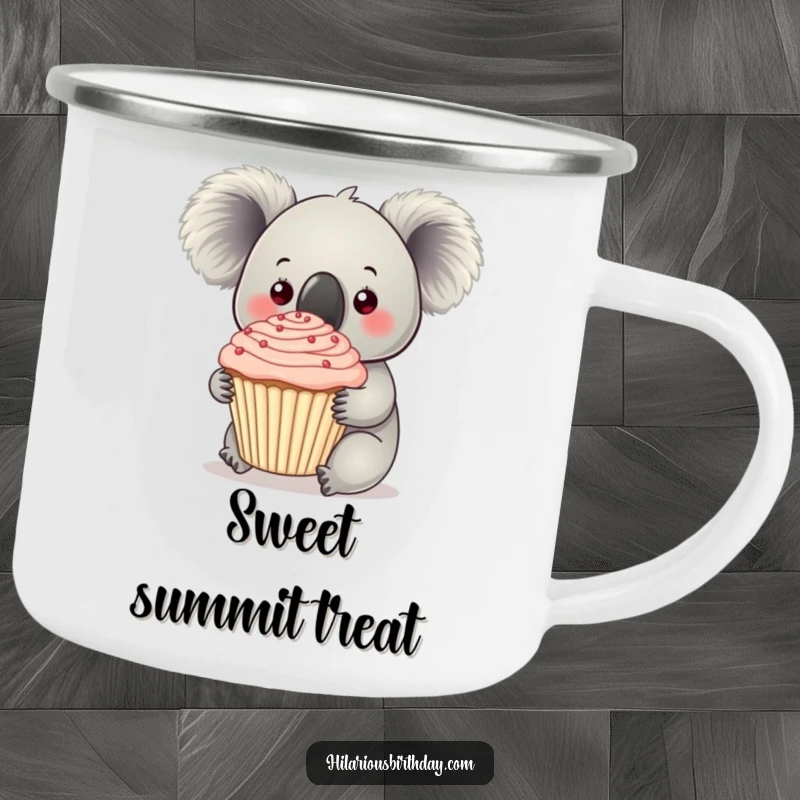 Funny koala holding a giant frosted cupcake on this camping mug, ready for sweet outdoor sips.