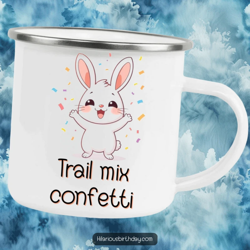 Funny cheerful rabbit tossing confetti, on a durable camping mug, ideal for outdoor fun and a funny gift.