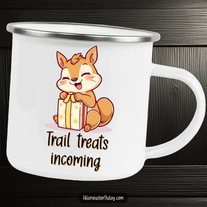Funny giggling squirrel character rapidly unwrapping a gift with excited paws, on a rugged camping mug.