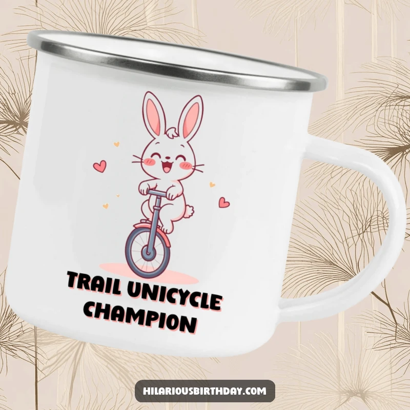 Funny Rabbit Camping Mug: Cheerful rabbit gleefully riding a unicycle around a cake, for rugged humor.