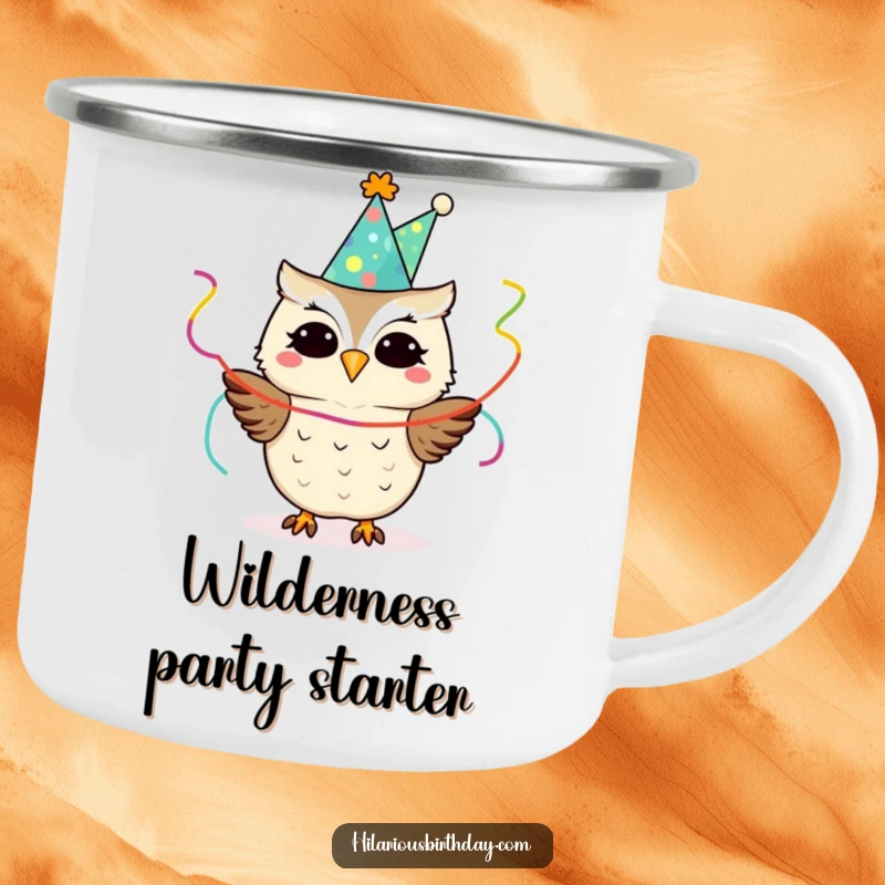 Funny owl in a party hat with streamers, on a durable camping mug, ideal for festive outdoor fun and a funny gift.