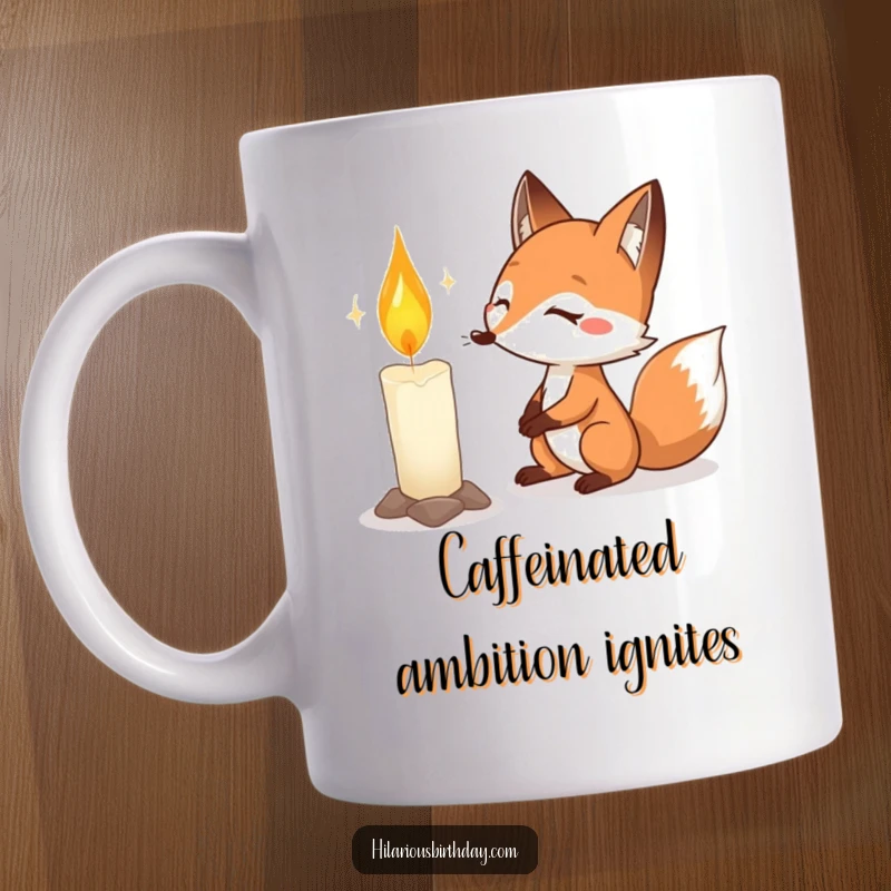 Funny fox birthday mug featuring a determined fox intensely focused on blowing out a large birthday candle.