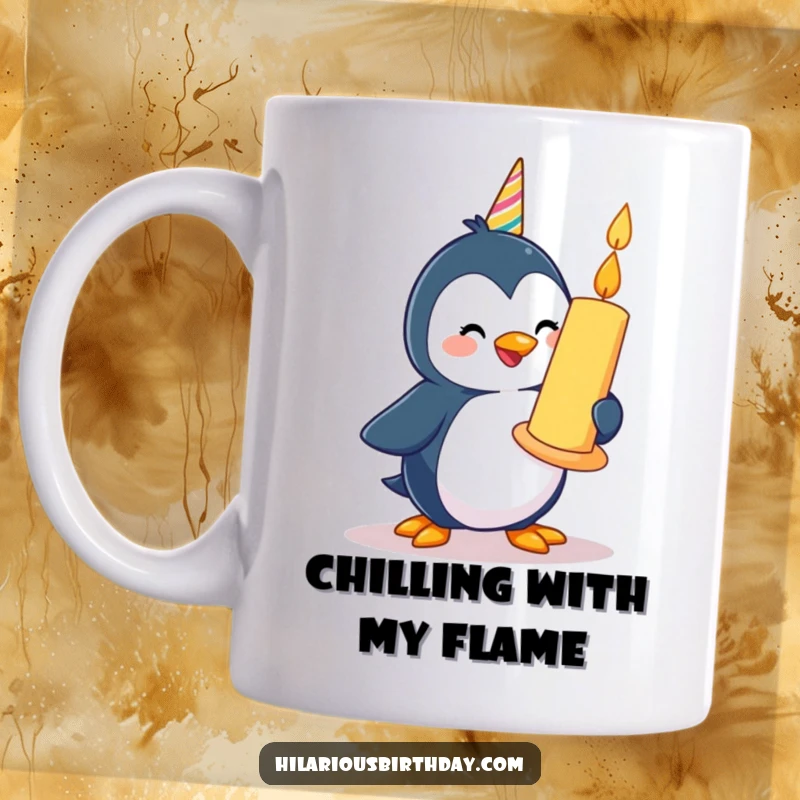 Funny happy penguin character waddling with a giant birthday candle on this mug.