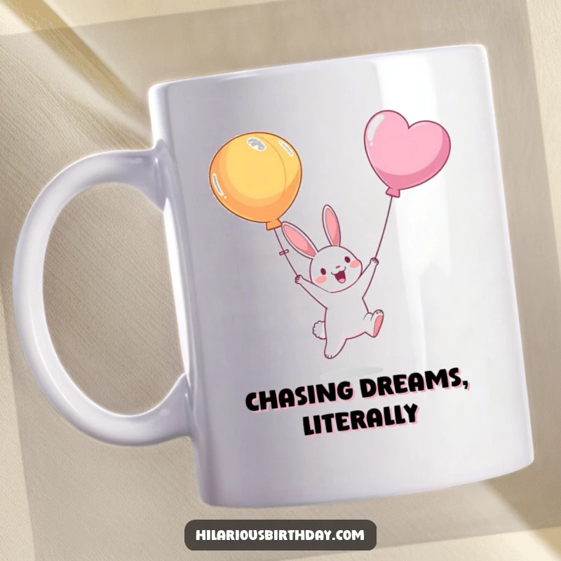 Funny mug showing a smiling bunny character enthusiastically jumping to catch a floating balloon, embodying playful pursuit and happiness.