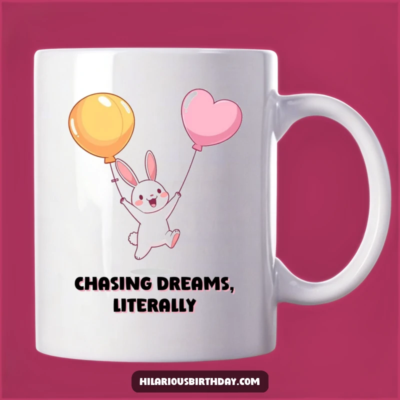 Funny Bunny Balloon Chase Mug: Adorable Character Jumping for Joy - A Perfect Funny Gift