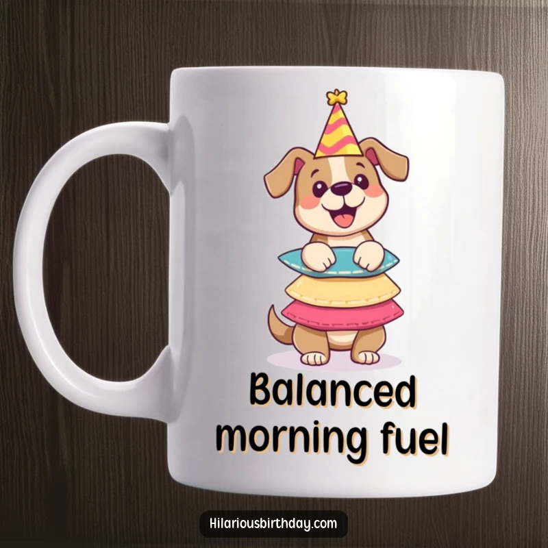 Funny mug showcasing a playful dog character skillfully balancing a tall stack of colorful party hats on its head, looking proud.