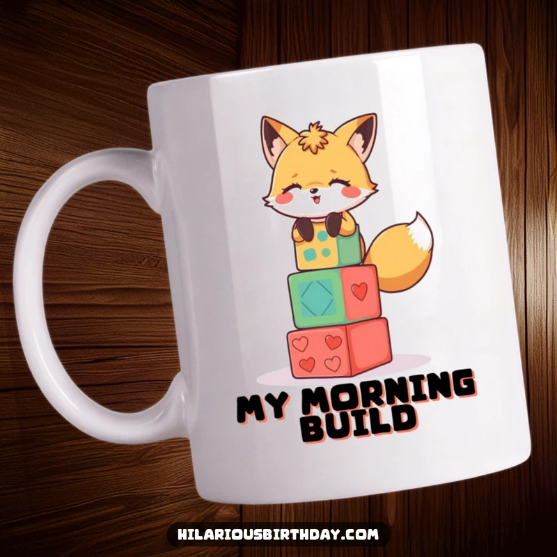 Funny mug featuring a giggling fox character precariously stacking colorful party blocks.
