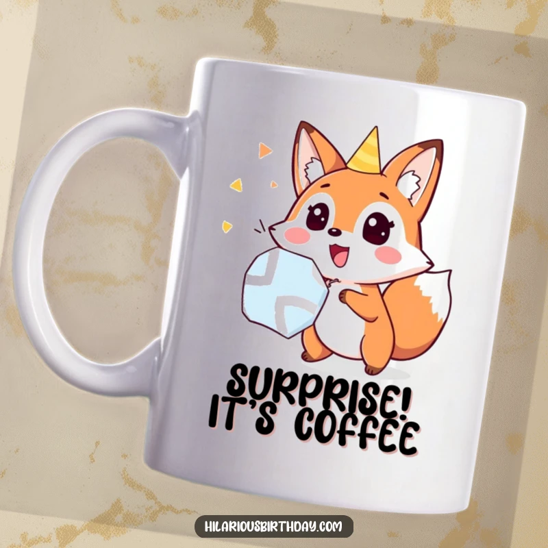 Funny smiling fox popping a party popper with a surprised expression, on a mug, a hilarious funny gift.