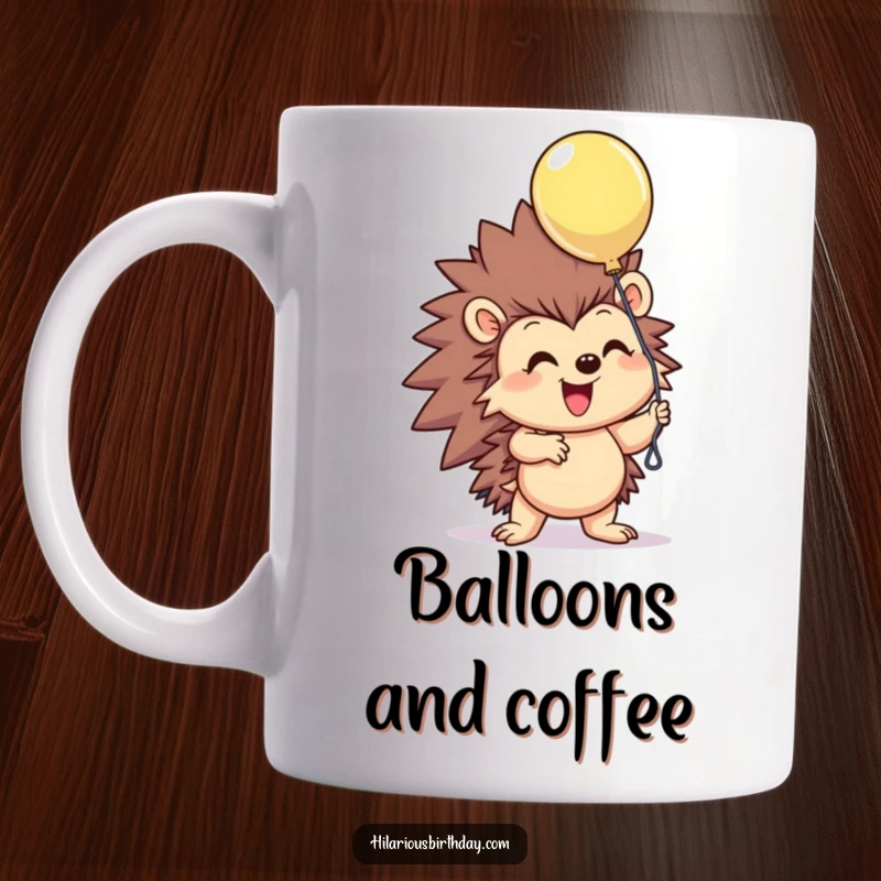 Funny smiling hedgehog character excitedly grasping a single, floating balloon with a happy expression on this humorous mug, a perfect funny gift.