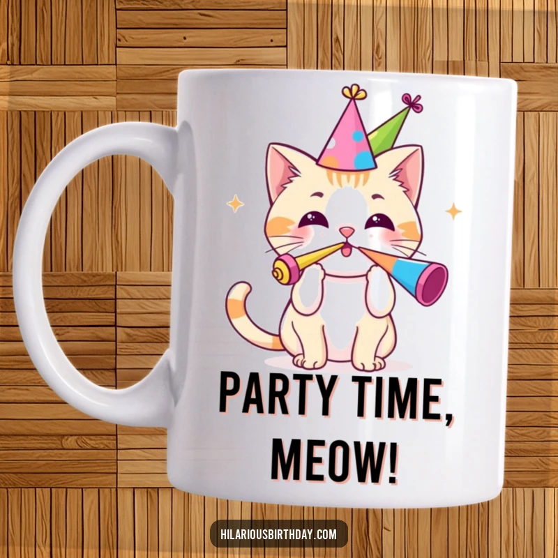 Funny mug featuring a cute Kawaii cat in a party hat, enthusiastically blowing a party horn with glee.